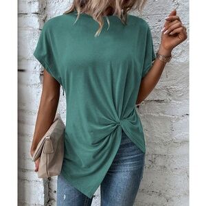 Twist Detail Green Tee Shirt Short Sleeve Round Neck